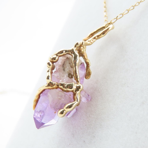 104 - 18 Carat Yellow Gold Mounted Amethyst Pendant Naturalistic Form 3.5cm Drop Mounted on 9 Carat Yellow... 