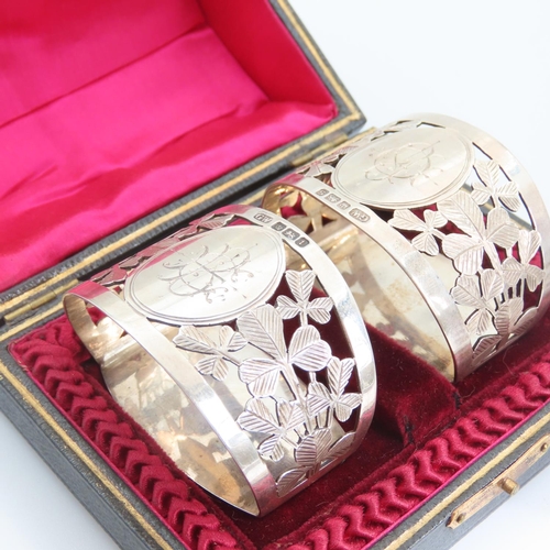 Pair of Silver Napkin Rings with Shamrock Motif Detailing Contained within Original Leather Clad Presentation Case