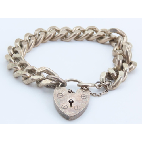 Silver Ladies Link Form Bracelet with Heart Motif Padlock Clasp 19cm Long