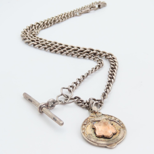 160 - Silver Pocket Watch Chain T-Bar Clasp with 9 Carat Rose Gold Adorned Silver Medallion Chain 56cm Lon... 