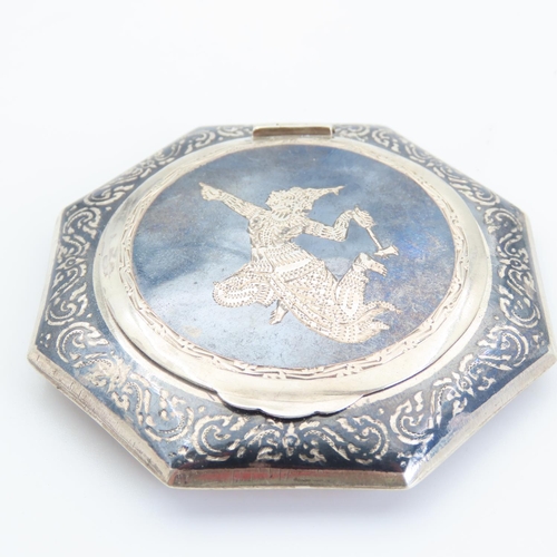 166 - Bernese Silver Octagonal Form Engraved Compact Hinge Cover Mirror to Interior Attractively Detailed ... 