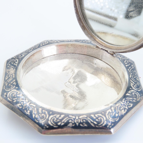 166 - Bernese Silver Octagonal Form Engraved Compact Hinge Cover Mirror to Interior Attractively Detailed ... 