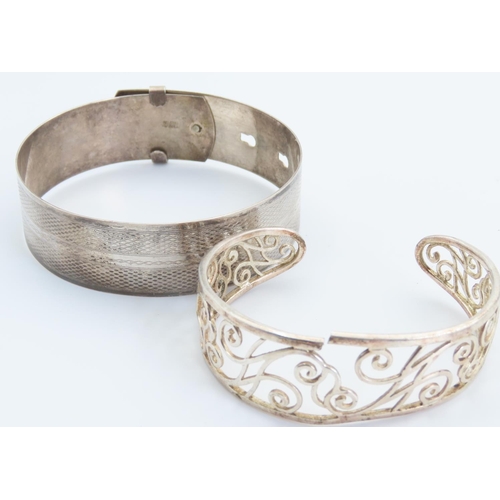 168 - Two Bangles One Bracelet Form with Clasp and Other Cuff Form Open Fret Decoration 6cm and 6.5cm Inne... 