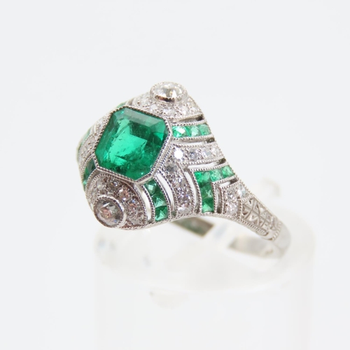 173 - Emerald and Diamond Ladies Ring of Attractive Design Mounted Platinum Band Ring Size M and a Half