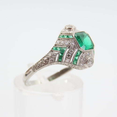 173 - Emerald and Diamond Ladies Ring of Attractive Design Mounted Platinum Band Ring Size M and a Half