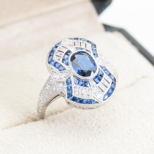 174 - Sapphire and Diamond Set Ladies Ring Mounted on Platinum Band Target Setting Ring Size N and a Half