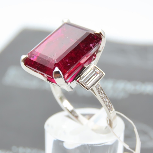 185 - Rubellite Baguette Step Cut Centerstone Ring Four Claw Set with Diamonds to Either Shoulder 16.48 Ca... 