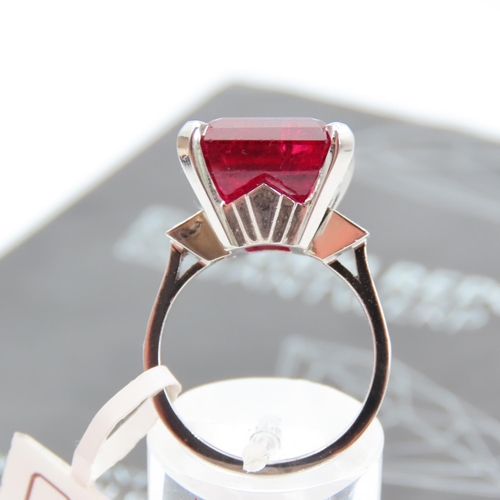 185 - Rubellite Baguette Step Cut Centerstone Ring Four Claw Set with Diamonds to Either Shoulder 16.48 Ca... 