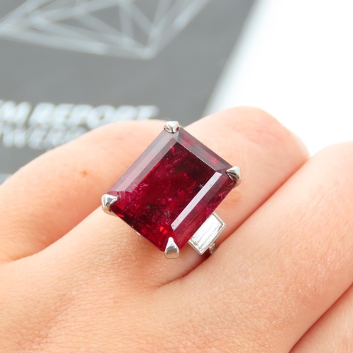 185 - Rubellite Baguette Step Cut Centerstone Ring Four Claw Set with Diamonds to Either Shoulder 16.48 Ca... 