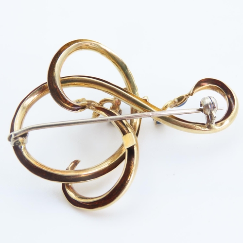 198 - 18 Carat Yellow Gold Six Stone Sapphire Set Ladies Brooch Shaped Form 5cm Wide x 4cm High