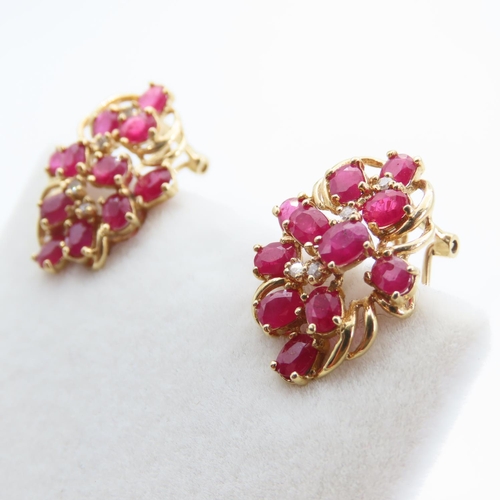 200 - Pair of Ruby and Diamond Set 18 Carat Yellow Gold Ladies Earrings Attractively Detailed Each 2cm Hig... 