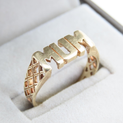 227 - Mother's Ring 9 Carat Yellow Gold Inscribed MUM Size Q and a Half