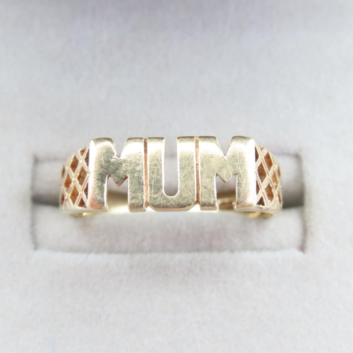 227 - Mother's Ring 9 Carat Yellow Gold Inscribed MUM Size Q and a Half