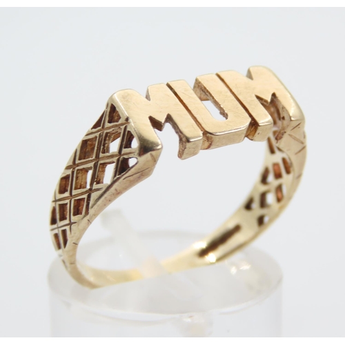 227 - Mother's Ring 9 Carat Yellow Gold Inscribed MUM Size Q and a Half