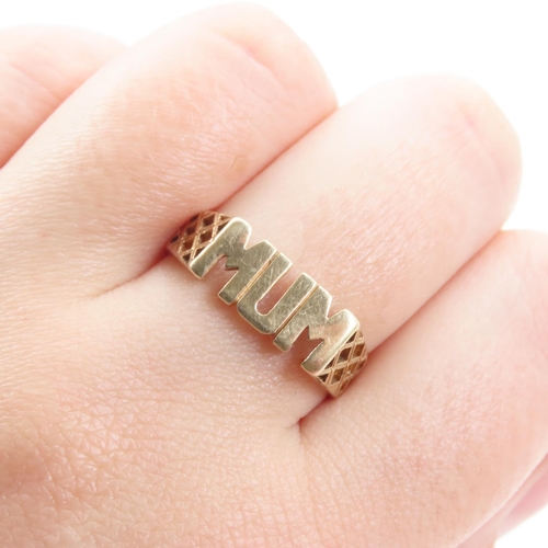 227 - Mother's Ring 9 Carat Yellow Gold Inscribed MUM Size Q and a Half