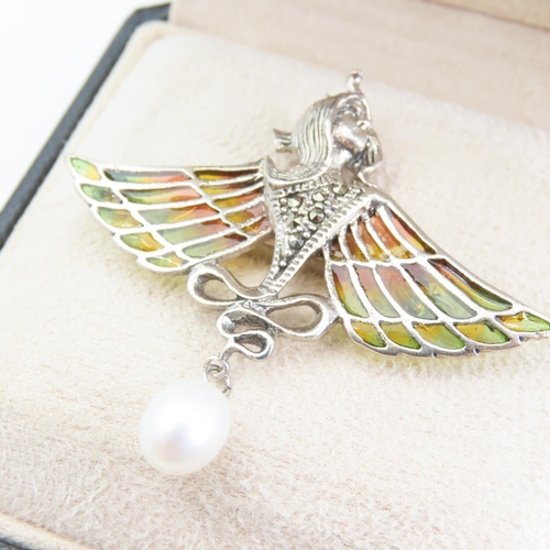228 - Art Nouveau Silver Ladies Brooch Pearl Drop Pendant Plaque du Jour Decoration Approximately 4cm Wide