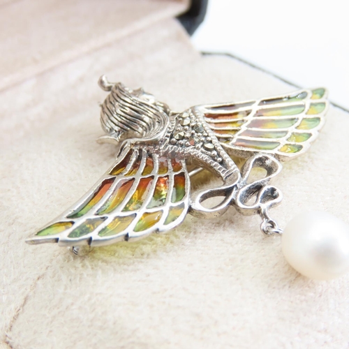 228 - Art Nouveau Silver Ladies Brooch Pearl Drop Pendant Plaque du Jour Decoration Approximately 4cm Wide