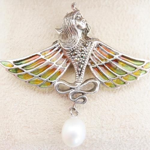 228 - Art Nouveau Silver Ladies Brooch Pearl Drop Pendant Plaque du Jour Decoration Approximately 4cm Wide