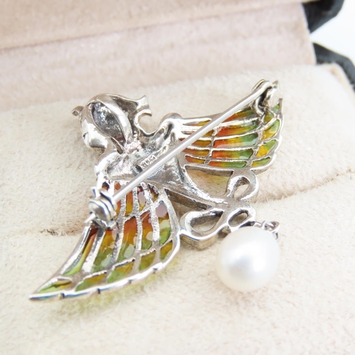 228 - Art Nouveau Silver Ladies Brooch Pearl Drop Pendant Plaque du Jour Decoration Approximately 4cm Wide