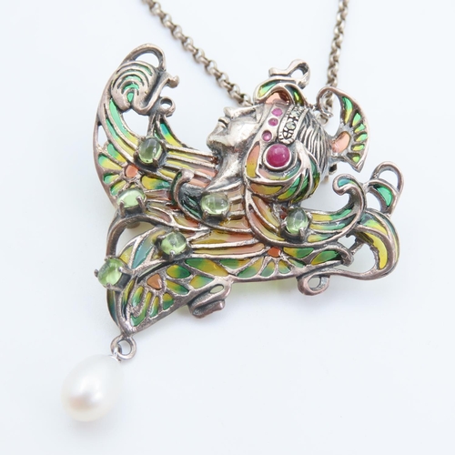 294 - Art Nuevo Ruby and Peridot Set Silver Pendant Necklace Further Set on Silver Chain Pendant 6cm Wide ... 