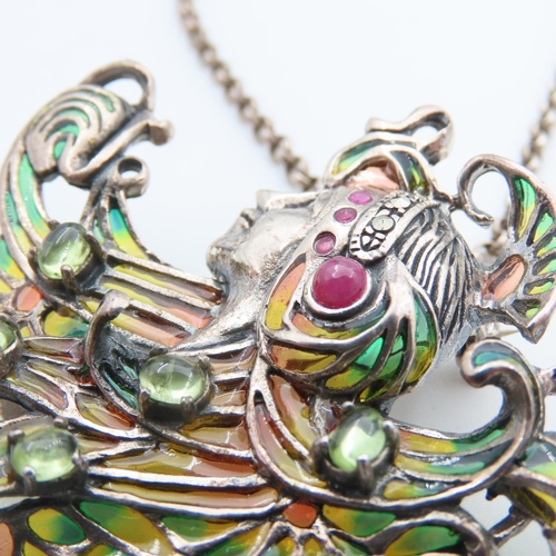 294 - Art Nuevo Ruby and Peridot Set Silver Pendant Necklace Further Set on Silver Chain Pendant 6cm Wide ... 