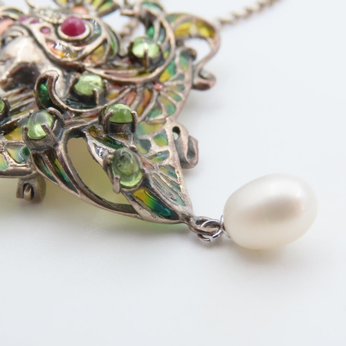 294 - Art Nuevo Ruby and Peridot Set Silver Pendant Necklace Further Set on Silver Chain Pendant 6cm Wide ... 