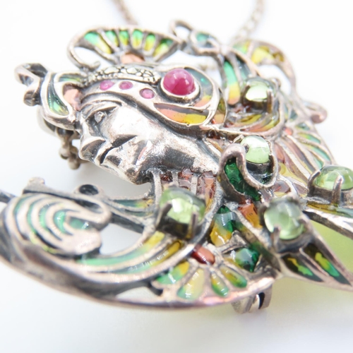 294 - Art Nuevo Ruby and Peridot Set Silver Pendant Necklace Further Set on Silver Chain Pendant 6cm Wide ... 