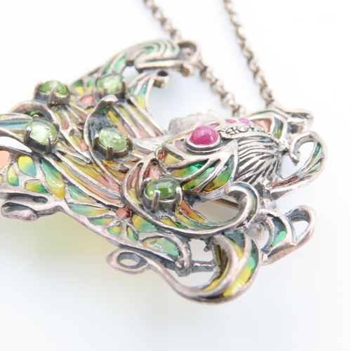 294 - Art Nuevo Ruby and Peridot Set Silver Pendant Necklace Further Set on Silver Chain Pendant 6cm Wide ... 