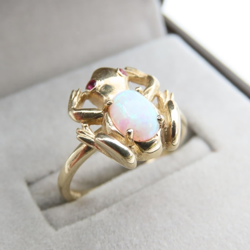 Opal and Ruby Inset Frog Motif 9 Carat Yellow Gold Ring Size O