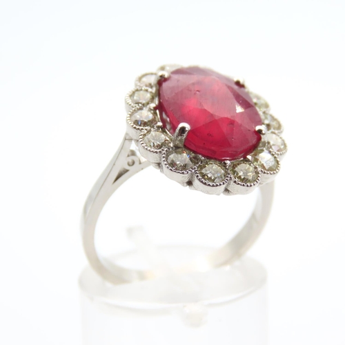 3 - Ruby and Diamond Cluster Ring Mounted on Platinum Band Size O