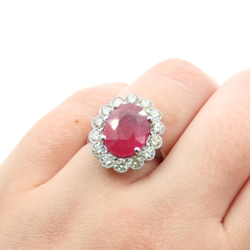 3 - Ruby and Diamond Cluster Ring Mounted on Platinum Band Size O