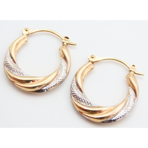 Pair of 9 Carat Yellow and White Gold Ladies Hoop Form Earrings Attractively Detailed Each 2cm Diameter