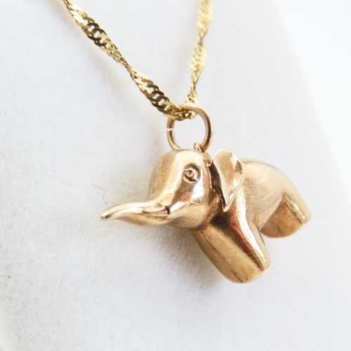 61 - Elephant Motif Pendant Necklace 9 Carat Yellow Gold Chain 44cm Long Pendant 2cm High