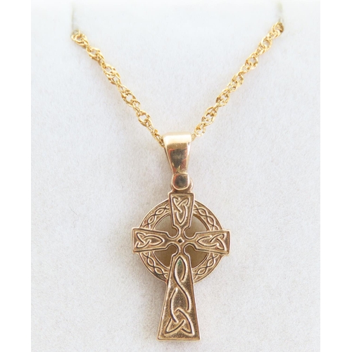 64 - 9 Carat Yellow Gold Celtic Cross Motif Pendant Necklace Chain 46cm Pendant 2.5cm High