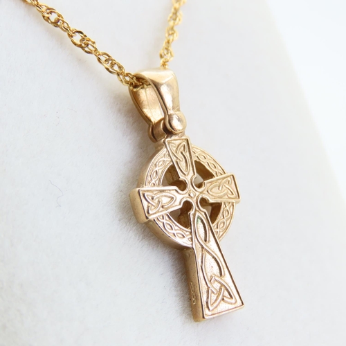 64 - 9 Carat Yellow Gold Celtic Cross Motif Pendant Necklace Chain 46cm Pendant 2.5cm High