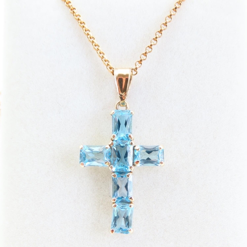 66 - Blue Topaz Six Stone 9 Carat Mounted Crucifix Pendant Necklace Cross 3cm Chain 9 Carat Yellow Gold 4... 