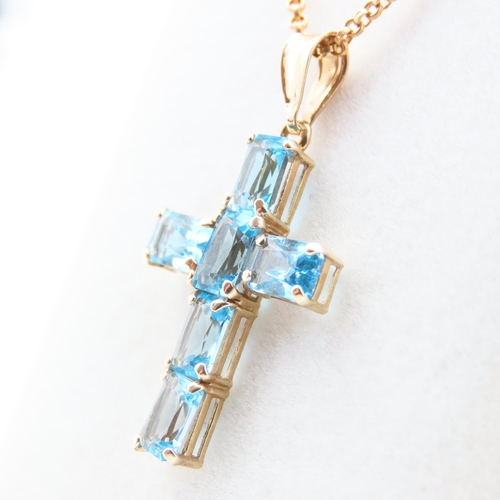 66 - Blue Topaz Six Stone 9 Carat Mounted Crucifix Pendant Necklace Cross 3cm Chain 9 Carat Yellow Gold 4... 