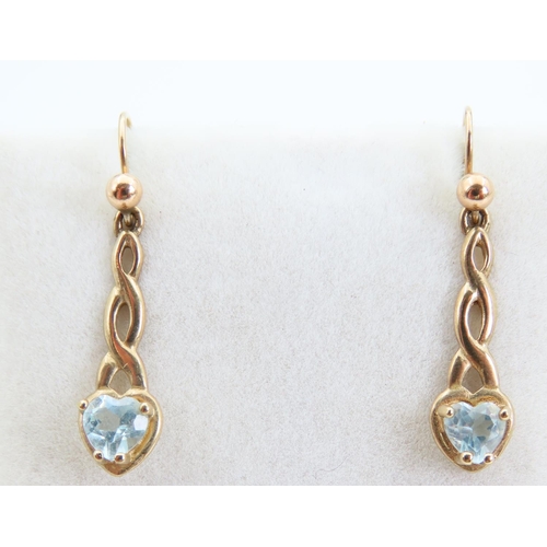 71 - Pair of Aquamarine Set 9 Carat Yellow Gold Drop Form Earrings Each 3cm High