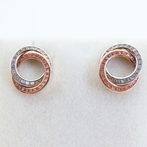 74 - Pair of 9 Carat White and Rose Gold Swirl Form Ladies Earrings Inset 2cm Diameter