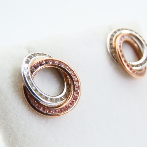 74 - Pair of 9 Carat White and Rose Gold Swirl Form Ladies Earrings Inset 2cm Diameter