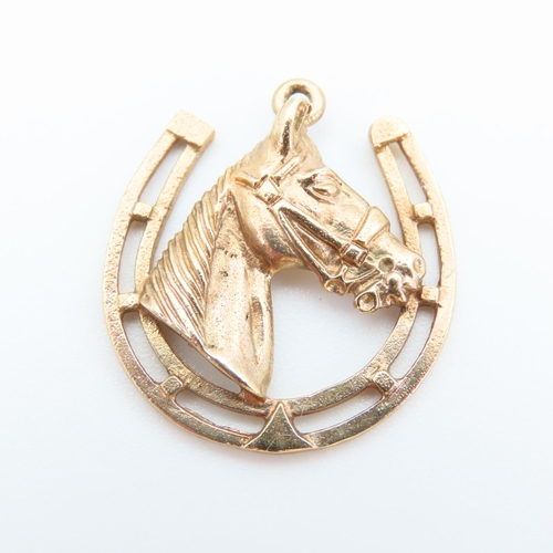 Equine Motif Lucky Horse Shoe Pendant 9 Carat Yellow Gold Attractively Detailed 2.5cm High
