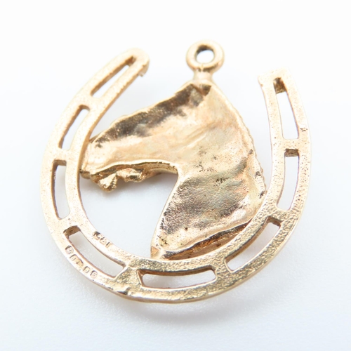 77 - Equine Motif Lucky Horse Shoe Pendant 9 Carat Yellow Gold Attractively Detailed 2.5cm High