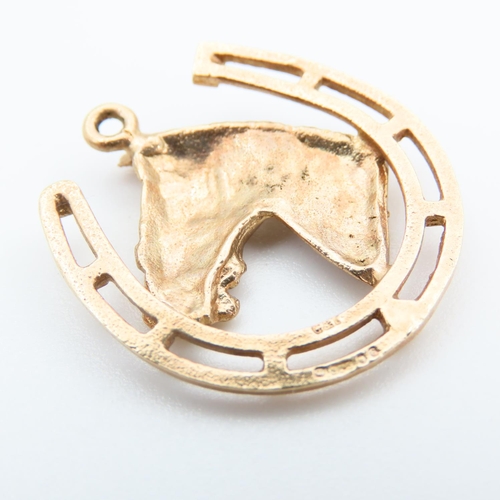 77 - Equine Motif Lucky Horse Shoe Pendant 9 Carat Yellow Gold Attractively Detailed 2.5cm High