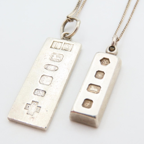 80 - Two Silver Ingot Pendant Necklaces Mounted on Silver Chains Each 44cm Long