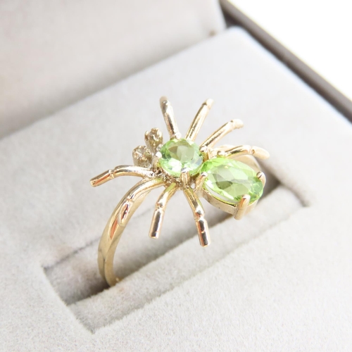 82 - Spider Motif Peridot and Diamond Inset Ladies 9 Carat Yellow Gold Ring Size N