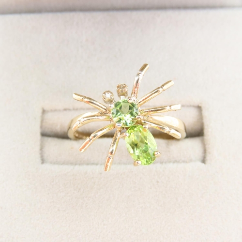 82 - Spider Motif Peridot and Diamond Inset Ladies 9 Carat Yellow Gold Ring Size N