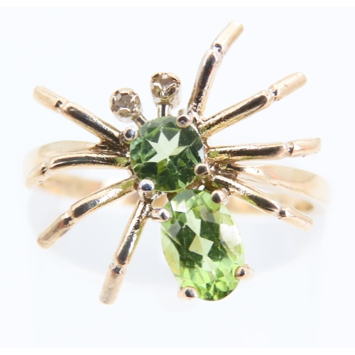 82 - Spider Motif Peridot and Diamond Inset Ladies 9 Carat Yellow Gold Ring Size N