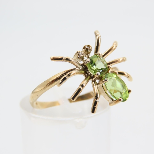 82 - Spider Motif Peridot and Diamond Inset Ladies 9 Carat Yellow Gold Ring Size N