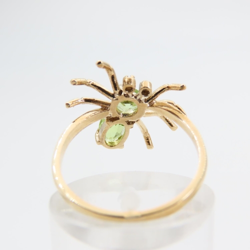 82 - Spider Motif Peridot and Diamond Inset Ladies 9 Carat Yellow Gold Ring Size N