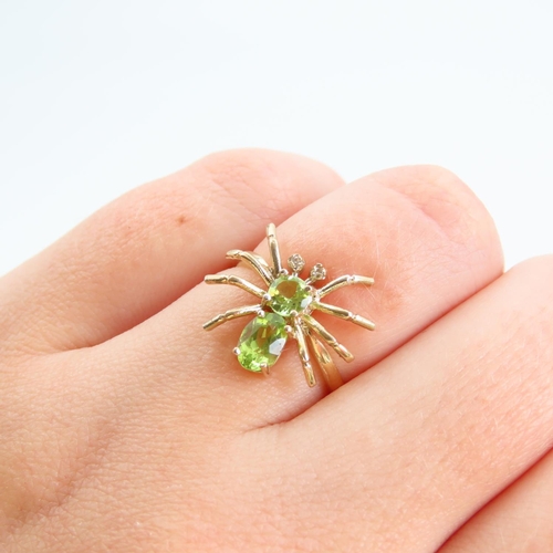 82 - Spider Motif Peridot and Diamond Inset Ladies 9 Carat Yellow Gold Ring Size N